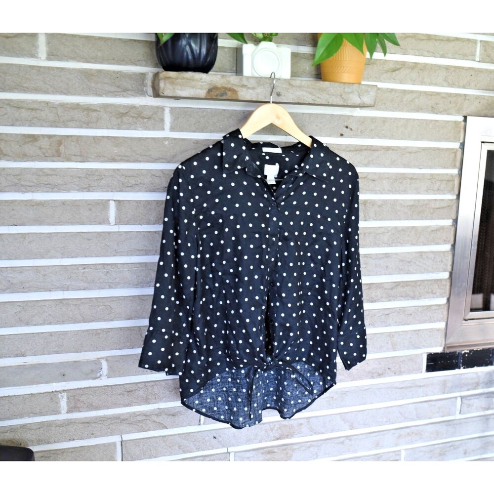 Chico's Linen No Iron Shirt blouse L 2 Black White Polka Dot Tie Front